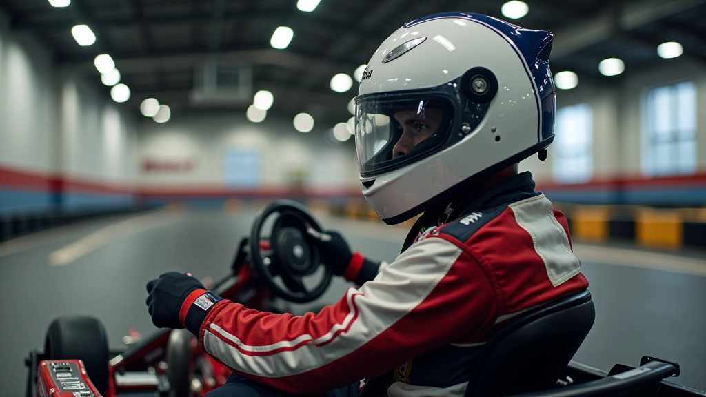منظر خلفي لسائق كارتينج يقود الكارت بخط سلس وثابت بعد إتمام مناورة التجاوز بنجاح